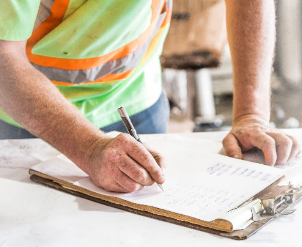 A worker wearing a yellow work vest filling out an insurance document.