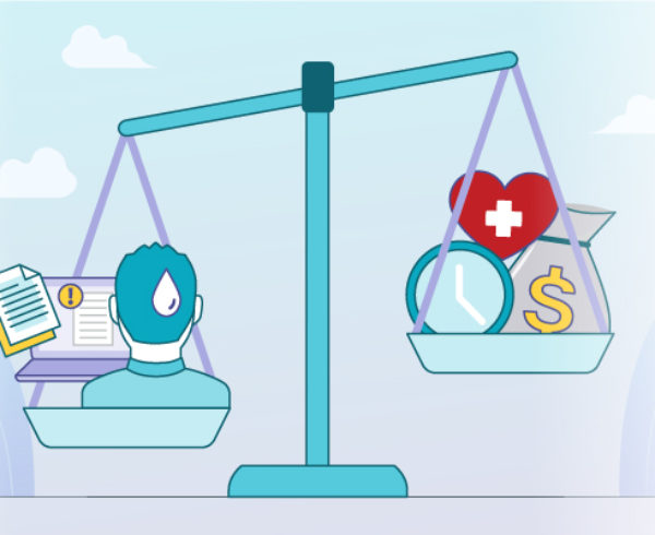 A scale weighing the advantages and disadvantages of self-insured business.