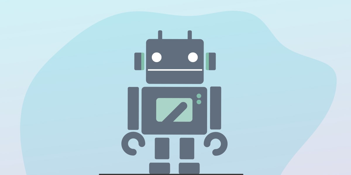 A gray robot with a rectangular body and a square head.
